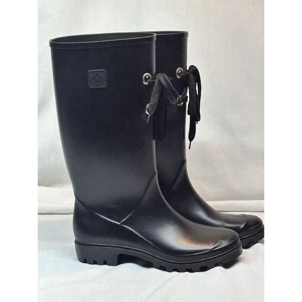 däv Women's Black Rubber Rain Boots Size 8 - Lace Up Accent Waterproof